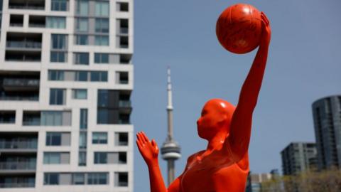 A 12-foot-tall sculpture of the WNBA logo is pictured at the Stackt Market in Toronto ahead of Canada's first WNBA game set for May 13, 2023. Toronto Star/Lance McMillanMay-10-2023