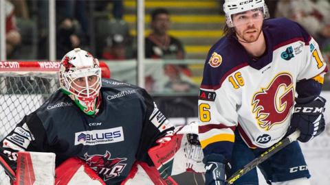 Carfdiff Devils' netminder Mac Carruth & Guildford Flames' Turner Ripplinger