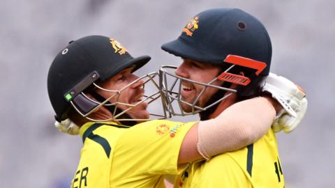 Australia's David Warner and Travis Head during MCG record ODI stand of 269 v England
