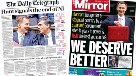 The headline in the Telegraph reads, "Hunt signals the end of NI", while the headline in the Mirror reads, "We deserve better".
