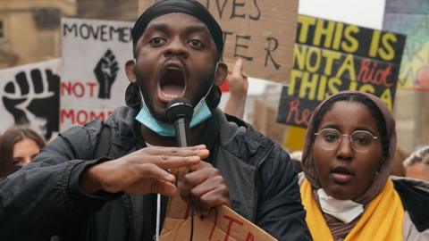 Demonstrators at a Black Lives Matter protest by Grey's Monument in Newcastle