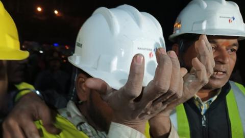 Photo from Uttarakhand authorities showing workers after their rescue from inside the under-construction Silkyara tunnel