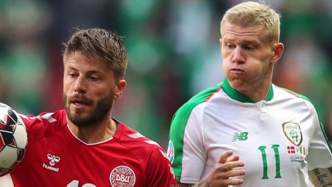 James McClean battles with Denmark's Lasse Schone during their Euro 2020 qualifier in Copenhagen in June