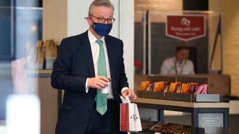 Michael Gove visit a Pret a Manger sandwich shop wearing a face mask on Tuesday