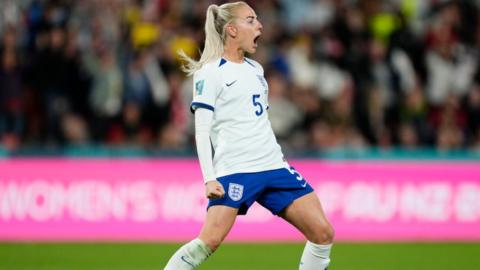 Alex Greenwood celebrates winning the penalty shootout against Nigeria