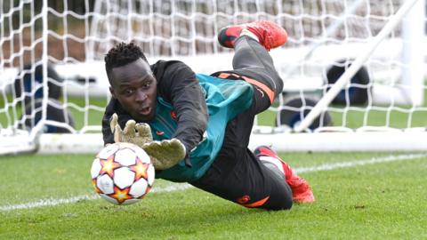 Senegal goalkeeper Edouard Mendy in action during training at Chelsea