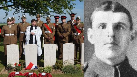 Soldiers at graveside of Cpl Robert Owen Davies (inset)
