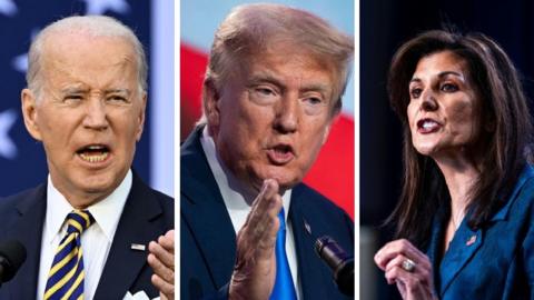 BBC composite image of Joe Biden, Donald Trump and Nikki Haley