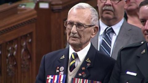 Dutch PM Mark Rutte honoured a WWII veteran during an address to Canada's Parliament