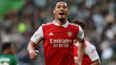 Arsenal defender William Saliba celebrates giving his side the lead against Sporting Lisbon