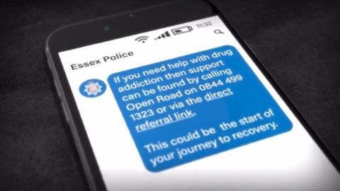 A graphic showing an example of the type of text message being sent to possible drug addicts by police