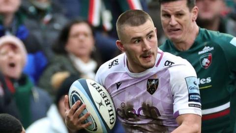 Ollie Sleightholme of Northampton Saints breaks clear to score a try against Leicester