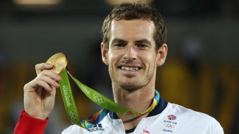 Andy Murray of Great Britain poses with his Gold medal at Rio 2016