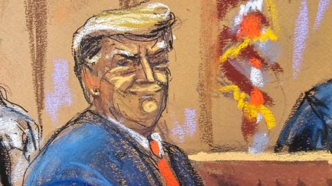 Courtroom sketch of Donald Trump smiling to the jury pool as he is introduced to them on 15 April 2024