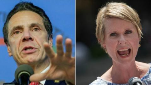 A composite picture of New York Governor Andrew Cuomo and his rival Cynthia Nixon