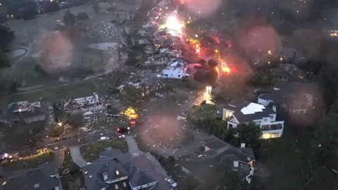 Drone footage from the Virginia Beach Fire Department showing destroyed homes and debris