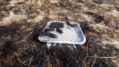 Burnt sausages on a disposable barbeque