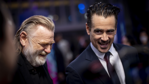 Brendan Gleeson (L) and Colin Farrell (R) give a media interview on the red carpet for 'The Banshees of Inisherin' premiere during the BFI London Film Festival, in London, Britain, 13 October 2022