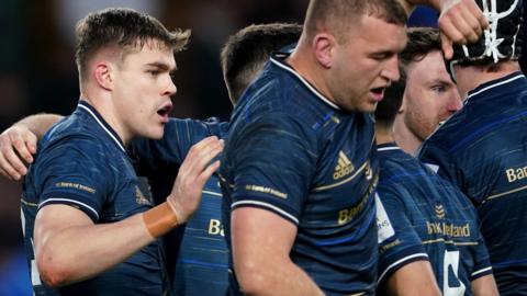 Leinster players celebrate a try against Leicester Tigers in the Champions Cup