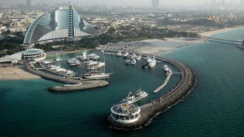 Aerial view of the Jumeirah Beach hotel on September 17, 2014 in Dubai, United Arab Emirates