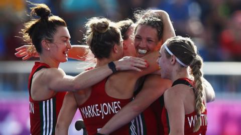 Wales celebrate in the women's hockey tournament at the Gold Coast Commonwealth Games