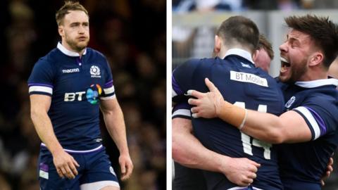 Scotland's Stuart Hogg and Scotland players celebrate with Stuart Hogg