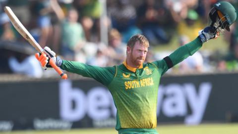 Heinrich Klaasen of South Africa celebrates hitting a century against West Indies