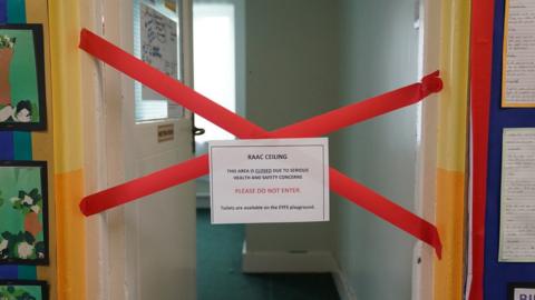 A no entry sign warning about a Raac ceiling at Parks Primary School in Leicester