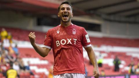 Joao Carvalho celebrates scoring for Nottingham Forest against Bradford City