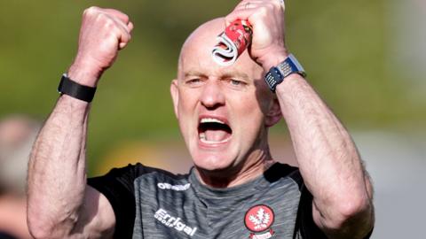 Derry boss Ciaran Meenagh celebrates a score against Armagh in Sunday's final