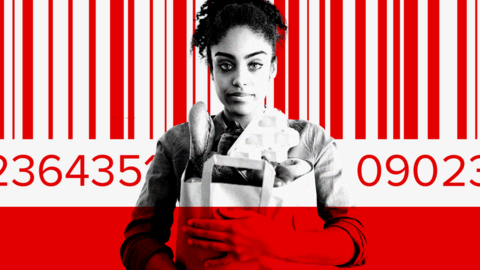Graphic showing a woman holding shopping over a red bar code
