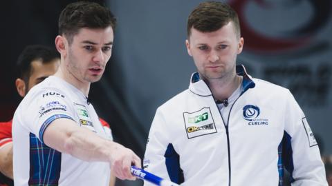 Grant Hardie and Bruce Mouat at the World Curling Championships in Canada