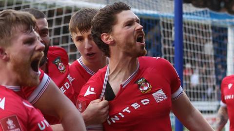 Wrexham celebrate Tom O'Connor's goal