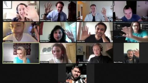 鶹Լ Click team wave goodbye on a video conferencing call