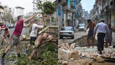 Image on left shows men clearing fallen trees in Puerto Rico, image on right shows debris and rubble on a street in Cuba