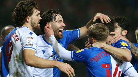 Blackburn celebrate a Ben Brereton Diaz goal against Birmingham