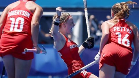 Hollie Pearne-Webb celebrates scoring in the bronze medal match at the Tokyo Olympics