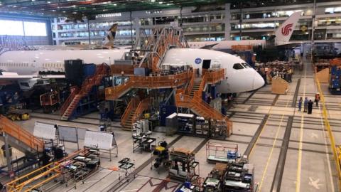 Boeing 787 Dreamliners are built at the aviation company's North Charleston, South Carolina, assembly plant on May 30, 2023.