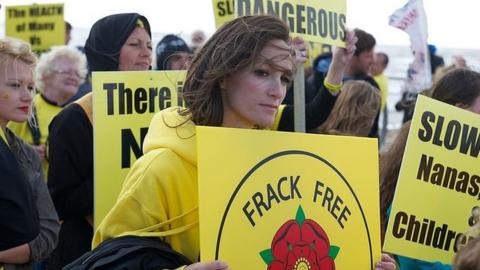 Anti fracking protesters demonstrate peacefully on a march from Blackpool's South Pier to the North Pier