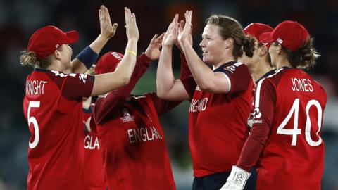 England celebrate a wicket by Anya Shrubsole