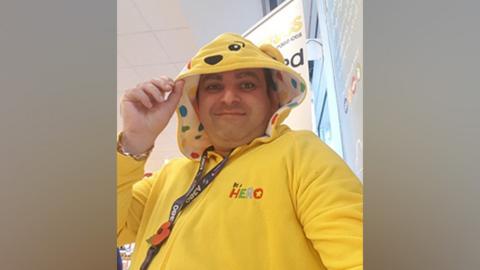 David Levi dressed in a fake Pudsey Bear costume