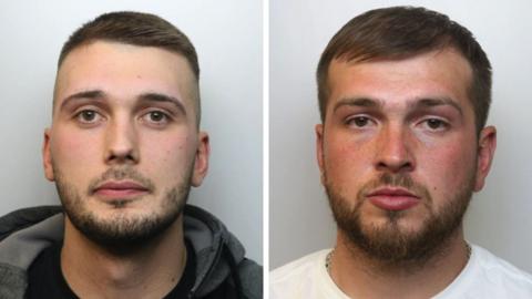 Clinton and Jamie Jackson's mugshots. Both men are looking directly at the camera with blank expressions. They both have dark hair and facial hair