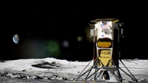 An artist's impression of Intuitive Machine's Nova-C Odysseus lander is shown on the Moon