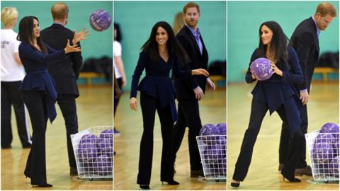 A composite picture showing the Duke and Duchess of Sussex playing netball