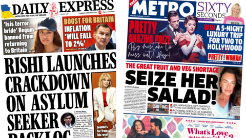 The headline on the front page of the Daily Express reads 'Rishi launches crackdown on asylum seeker backlog' and the headline on the front page of Metro reads 'Seize her salad'