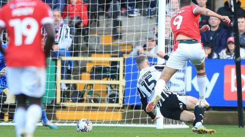 Ollie Palmer scores Wrexham's clinching second goal at Meadow Lane