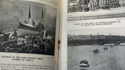 Black and white images in the RNLI booklet showing the crew launching the lifeboat and life rafts in the sea