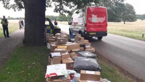 Pile of parcels under tree in Richmond Park