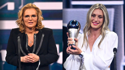 England manager Sarina Wiegman and Spain midfielder Alexia Putellas﻿