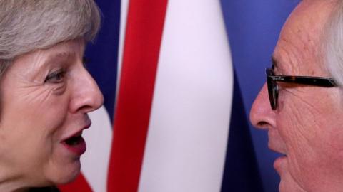 British Prime Minister Theresa May meets with European Commission President Jean-Claude Juncker to discuss Brexit, at the EU headquarters in Brussels, Belgium December 11, 2018.